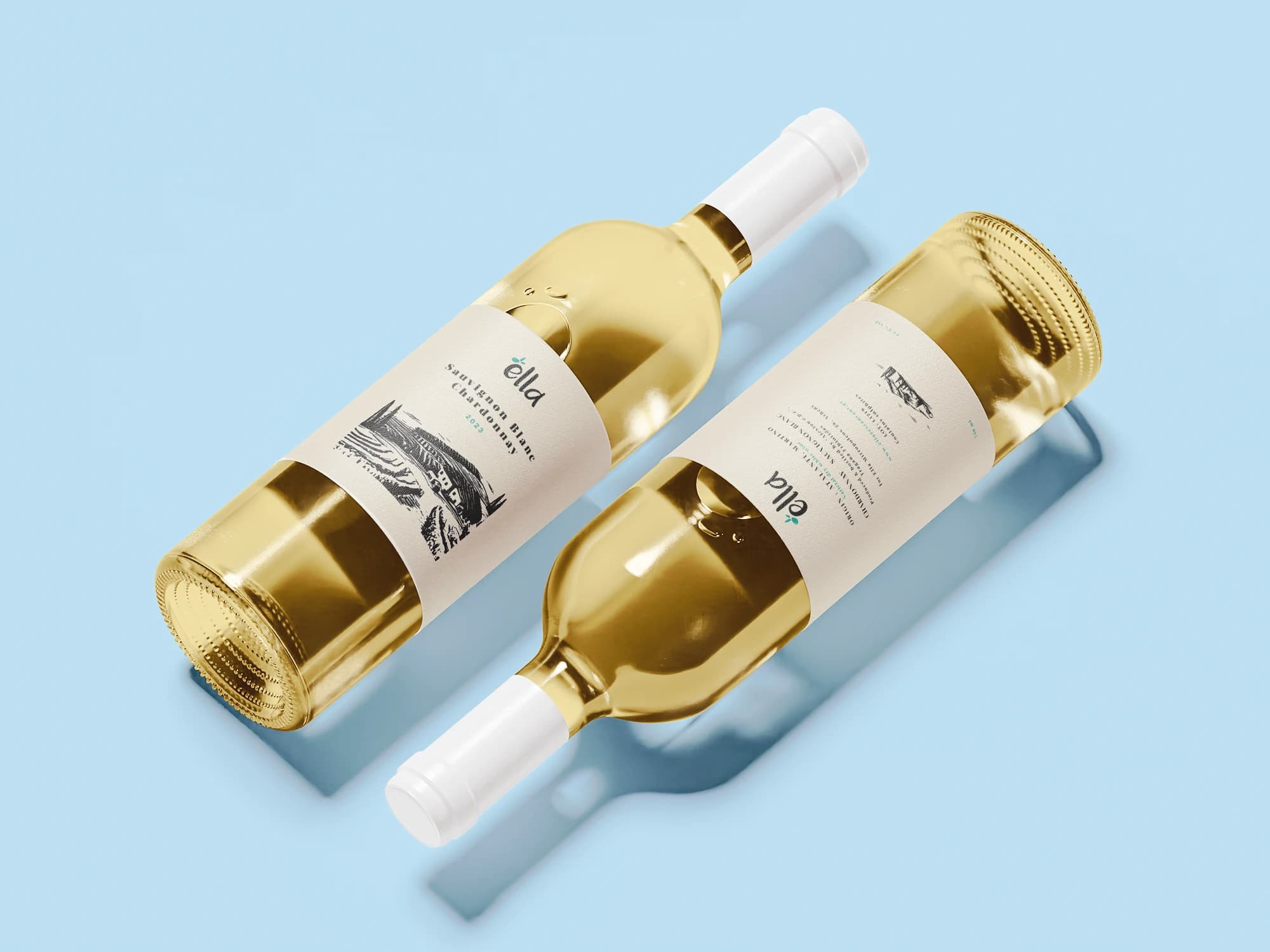 Ella branded white wine bottles on blue background