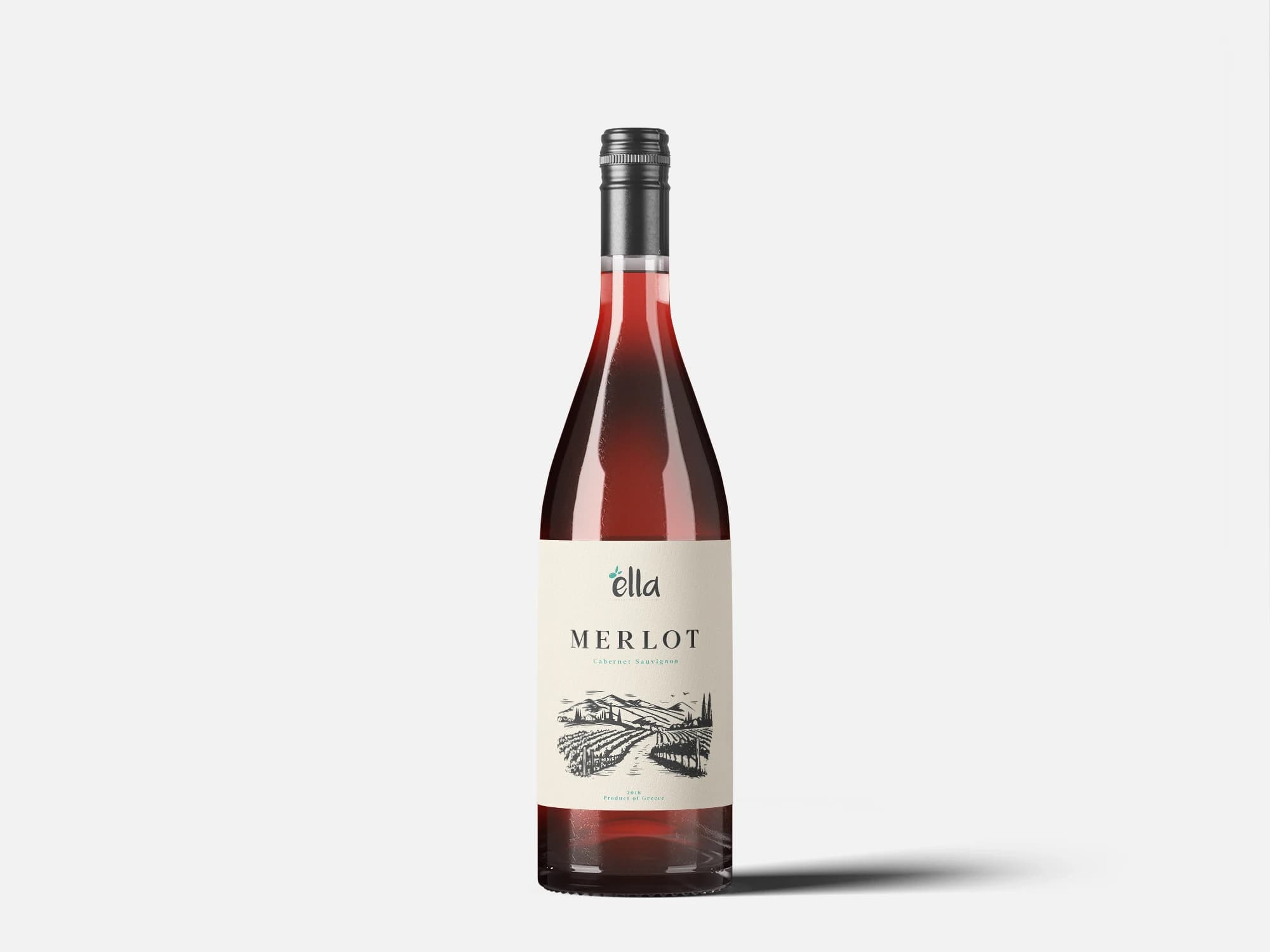 Ella branded merlot wine bottle on white background