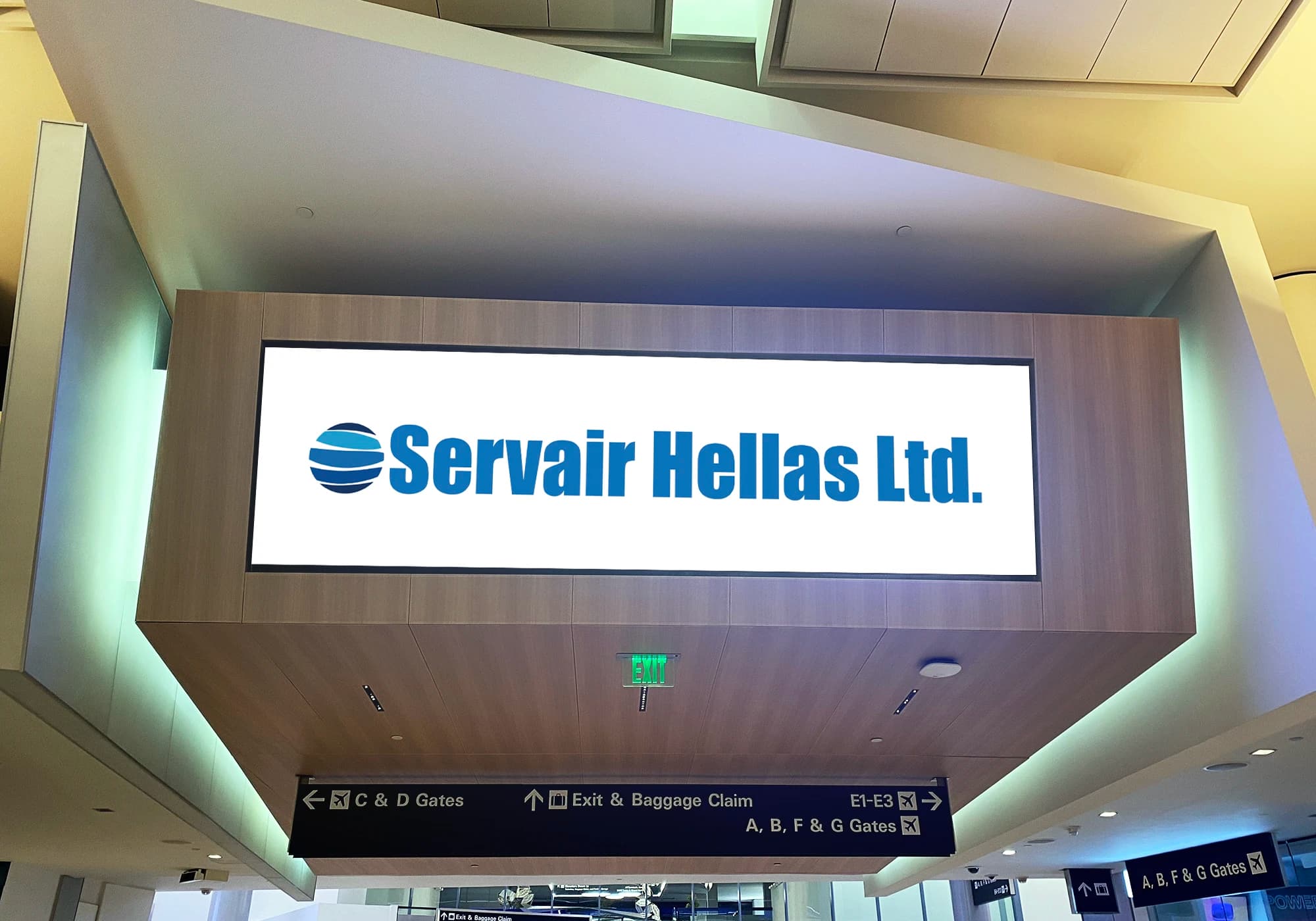 Front view of Servair branded airport board