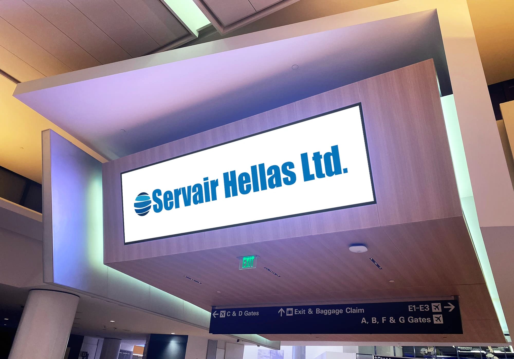 Side view of Servair branded airport board