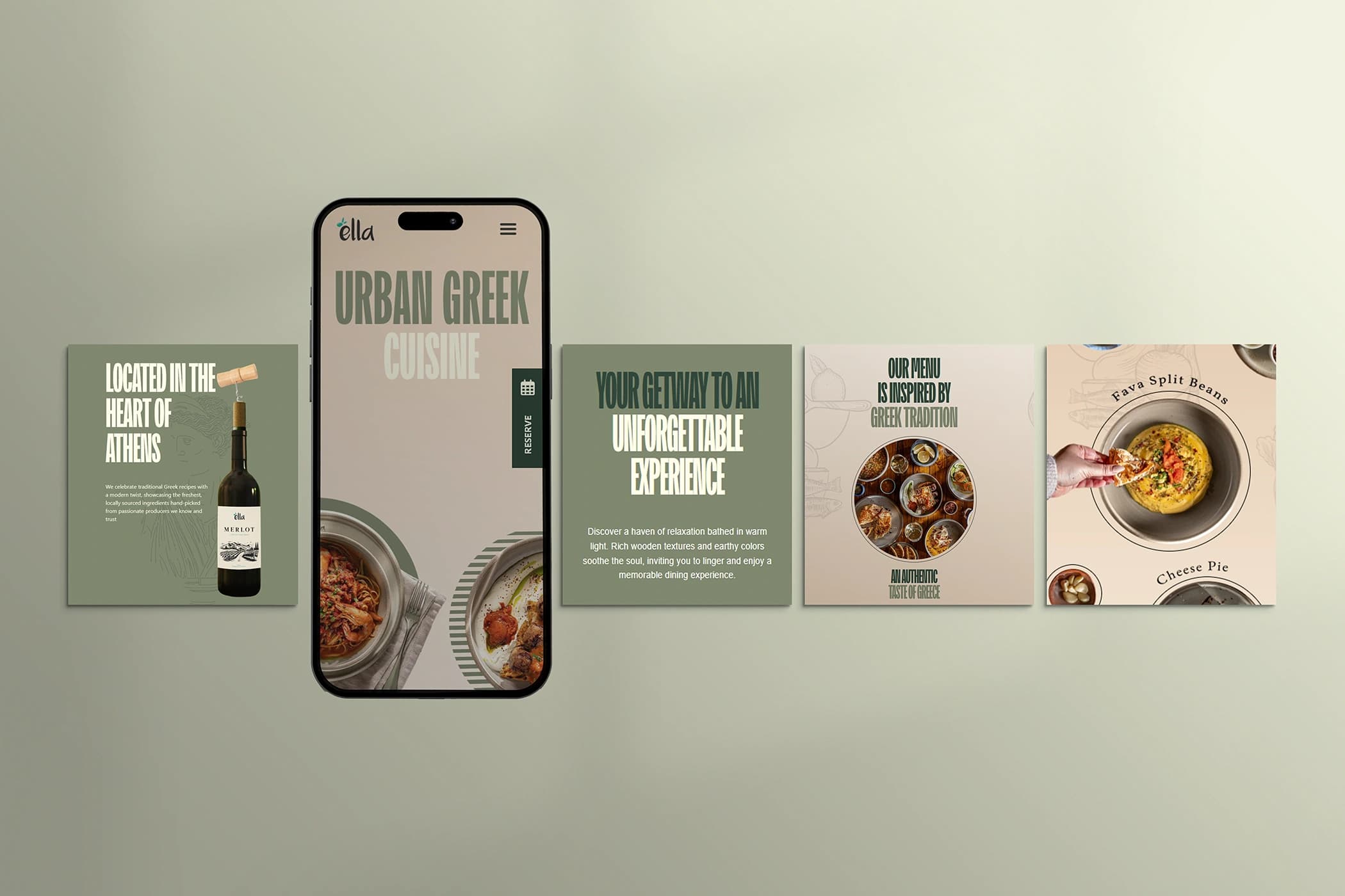 Ella restaurant website interface elements collage