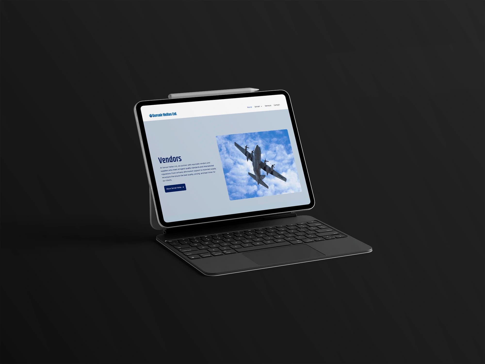 Servair website displayed on tablet device