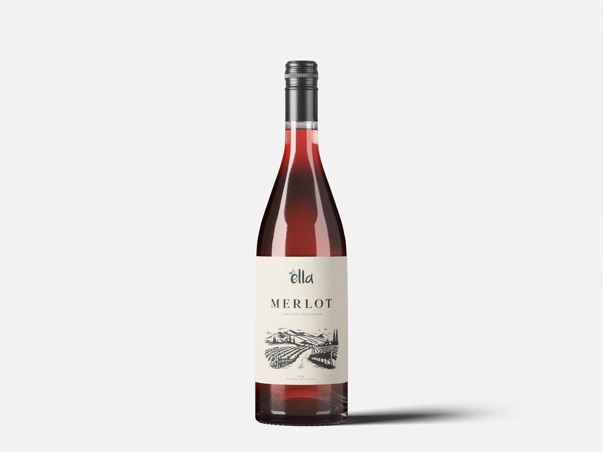 Ella branded merlot wine bottle on white background