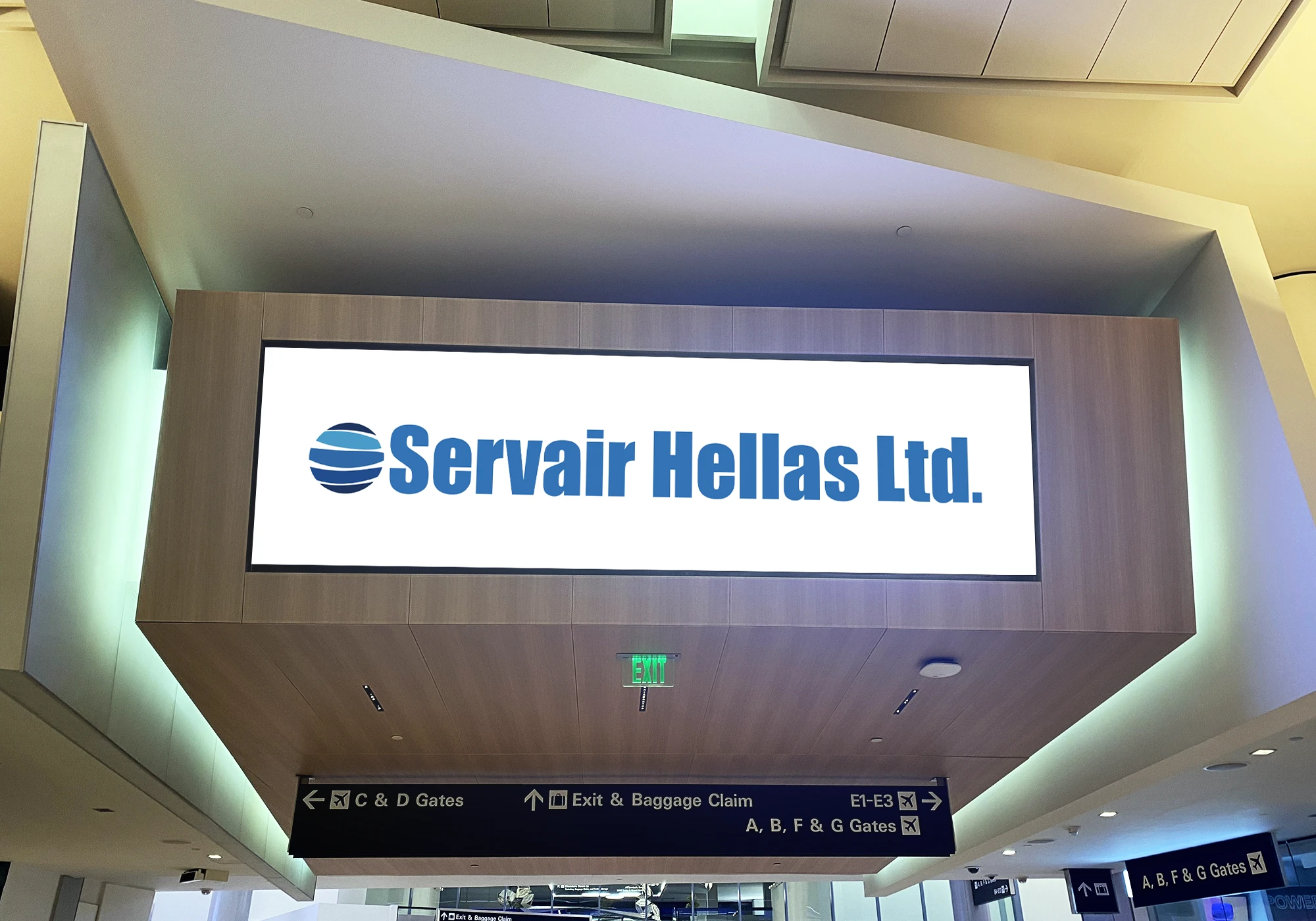 Front view of Servair branded airport board