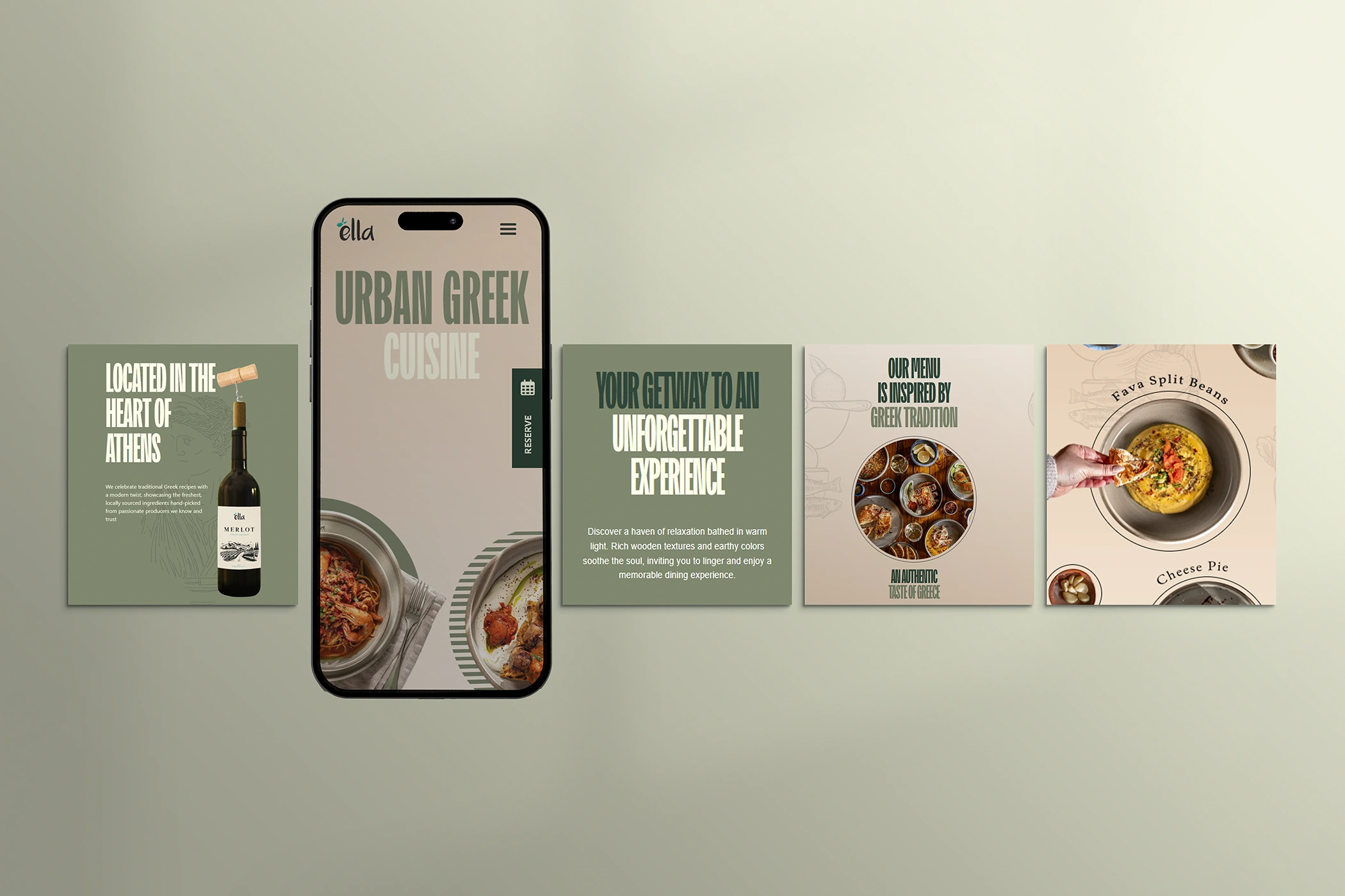 Ella restaurant website interface elements collage