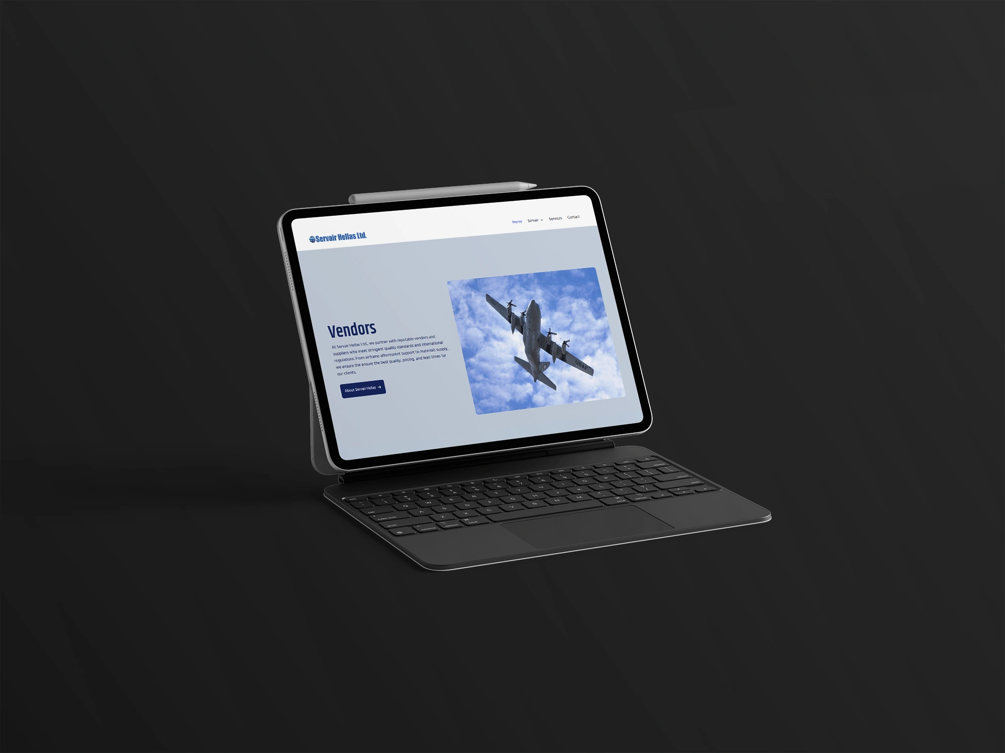 Servair website displayed on tablet device